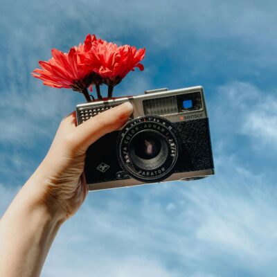 From below crop anonymous female photographer holding vintage photo camera with blooms against sky